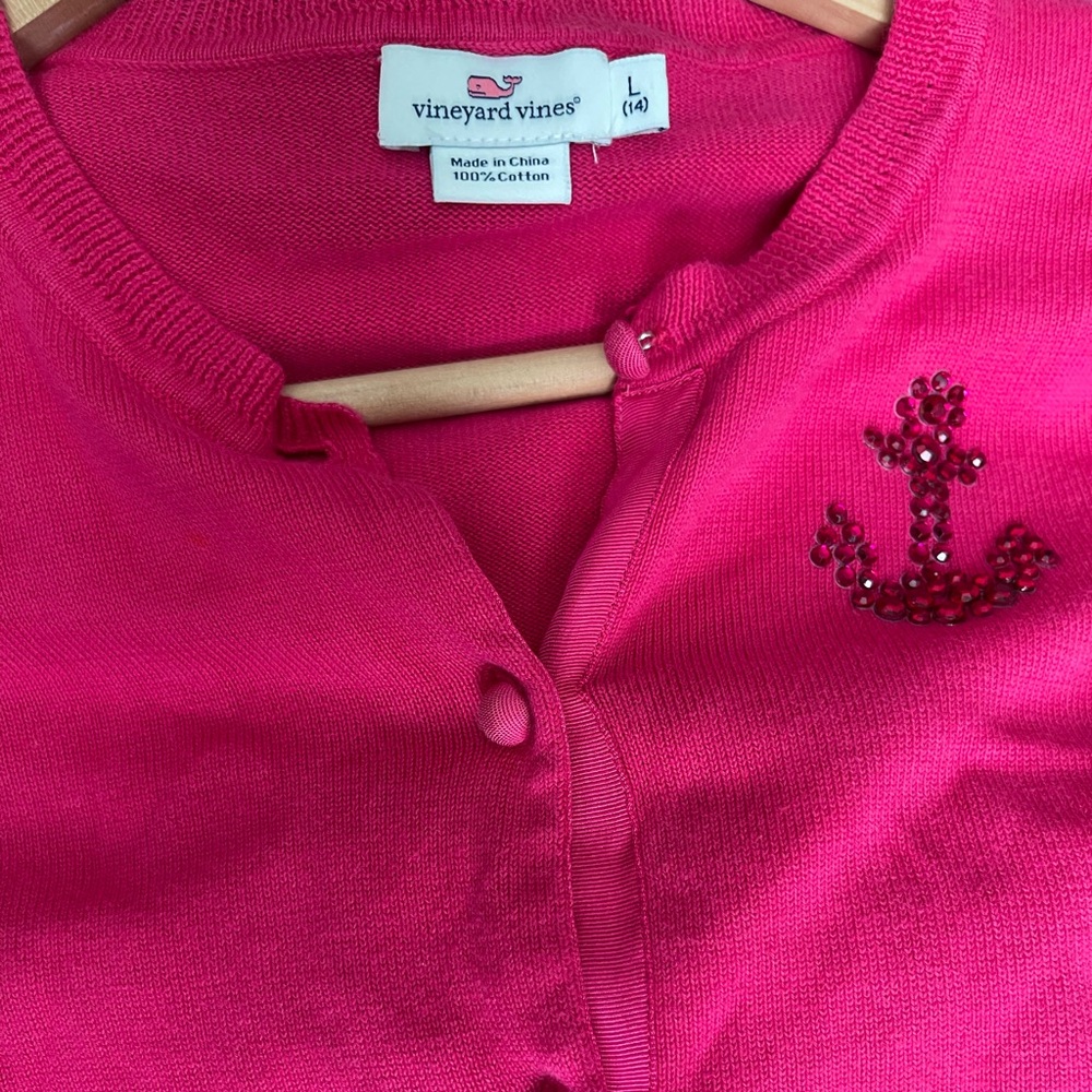 VINEYARD VINES Beautiful Girls Cardigan w/ Jeweled Anchor Size Large 14 Pink - Picture 3 of 3